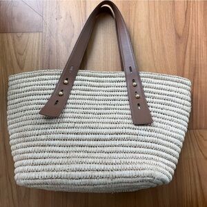 Frame Denim Straw Tote with Brown Leather Handles